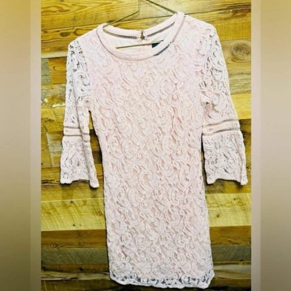 Adrianna Papell lace bodycon mini dress US4 party puff sleeve pink sheath rare